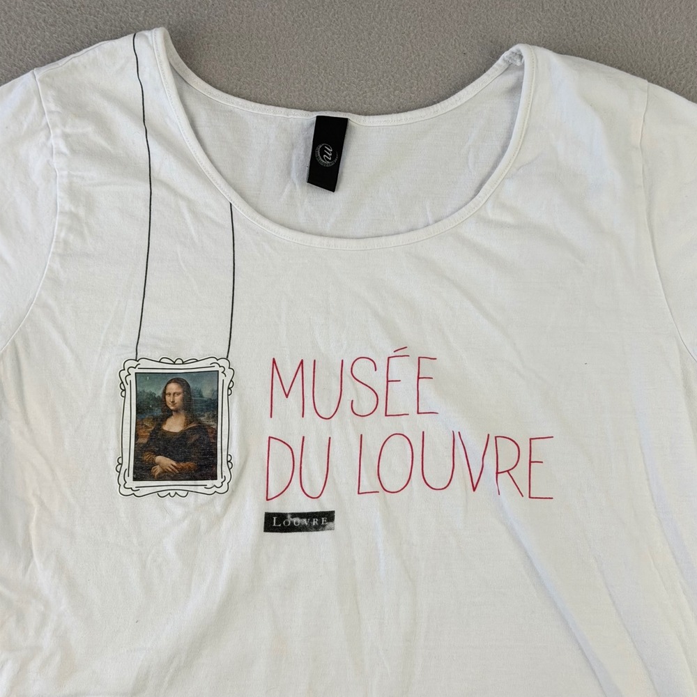 Musee Du Louvre T-Shirt Women XL White Mona Lisa Graphic Tee Art Museum Cotton